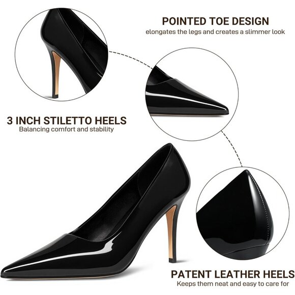 Women Black Pointed Toe Slip-on Closed Toe 3 Inch Stiletto Pumps High Heels - Picture 6 of 8